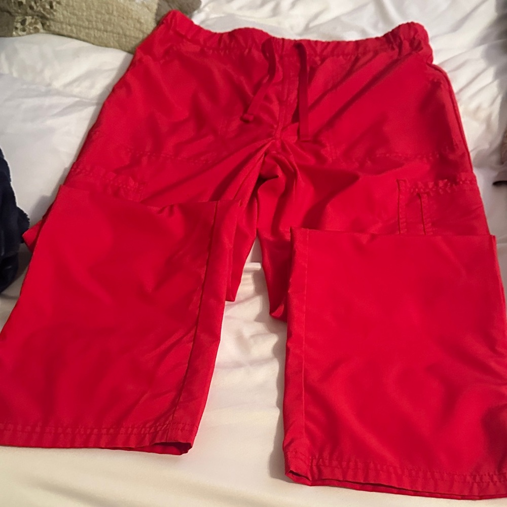 Bright Red Utility Scrub Pants and top